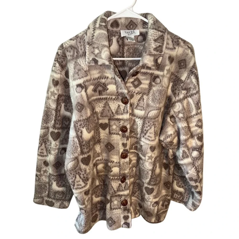 Teddi Vintage Fleece Button Up Cardigan Jacket Taupe Geometric Novelty Print L